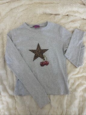 Edikted Grey Long-Sleeve Tee with Leopard Star & Cherry Graphic NEVER WORN